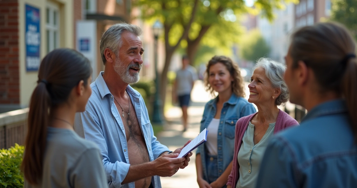 Candidato conversa com grupo de eleitores em calçada 