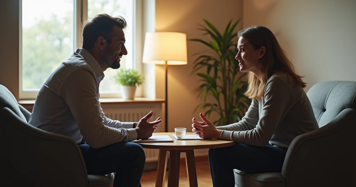 Duas pessoas conversando com atenção em ambiente calmo 