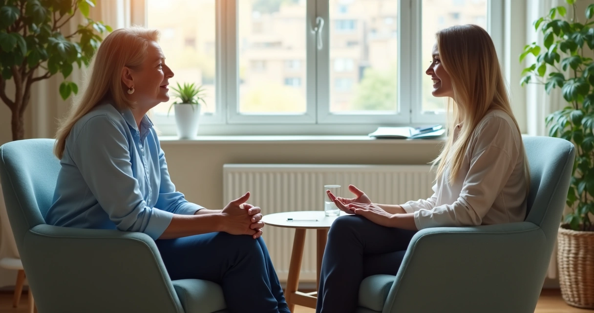 Duas pessoas em conversa atenta em ambiente calmo