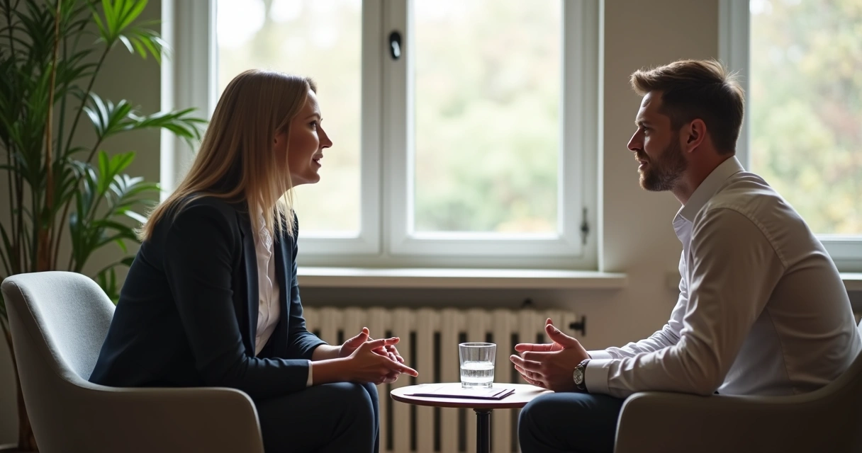Duas pessoas sentadas conversando com atenção em ambiente calmo
