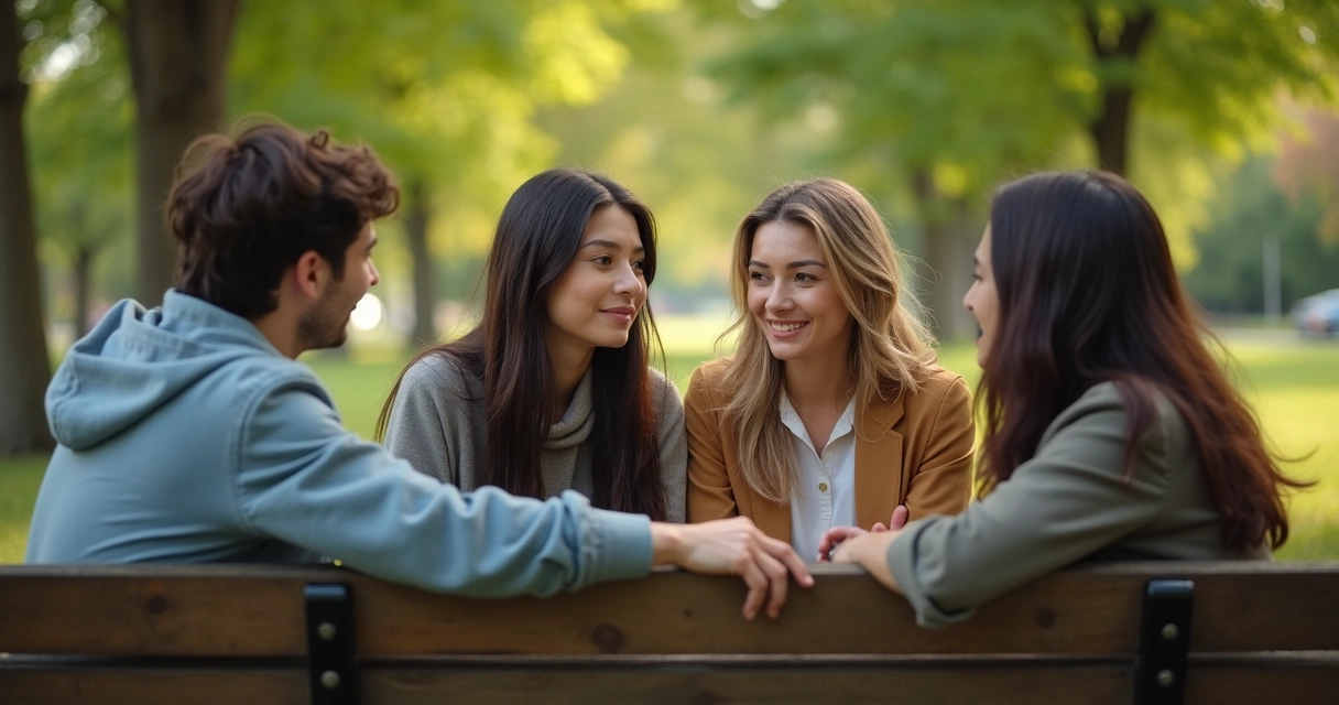 Grupo de amigos em roda conversando com atenção