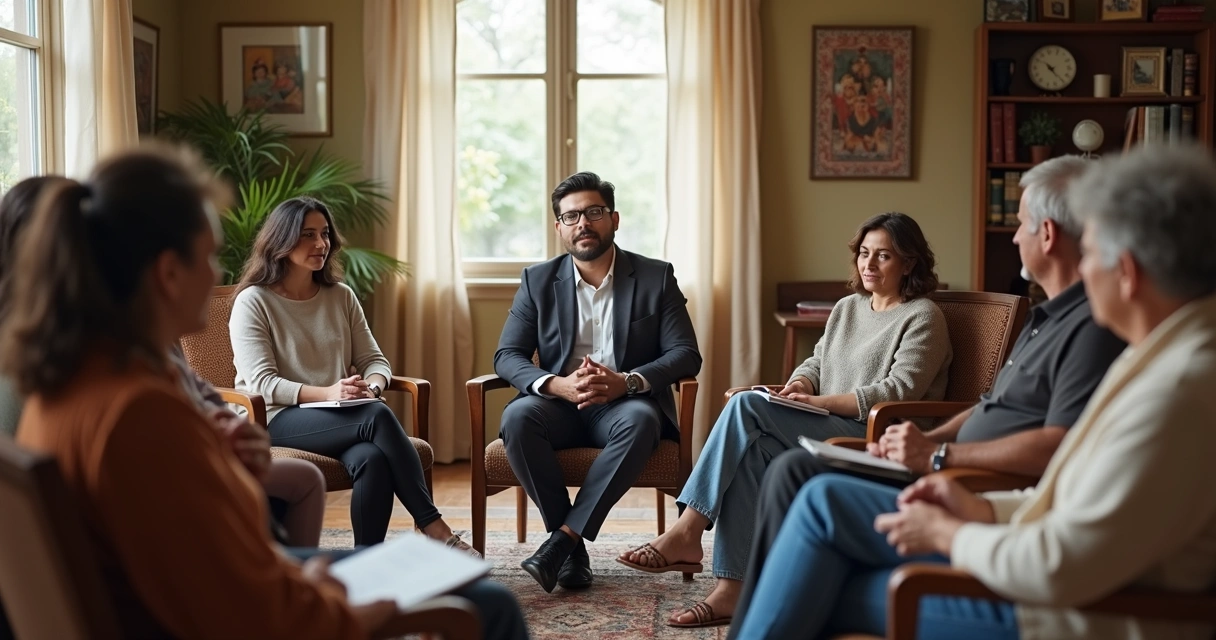 Profissional em roda de conversa com grupo diverso