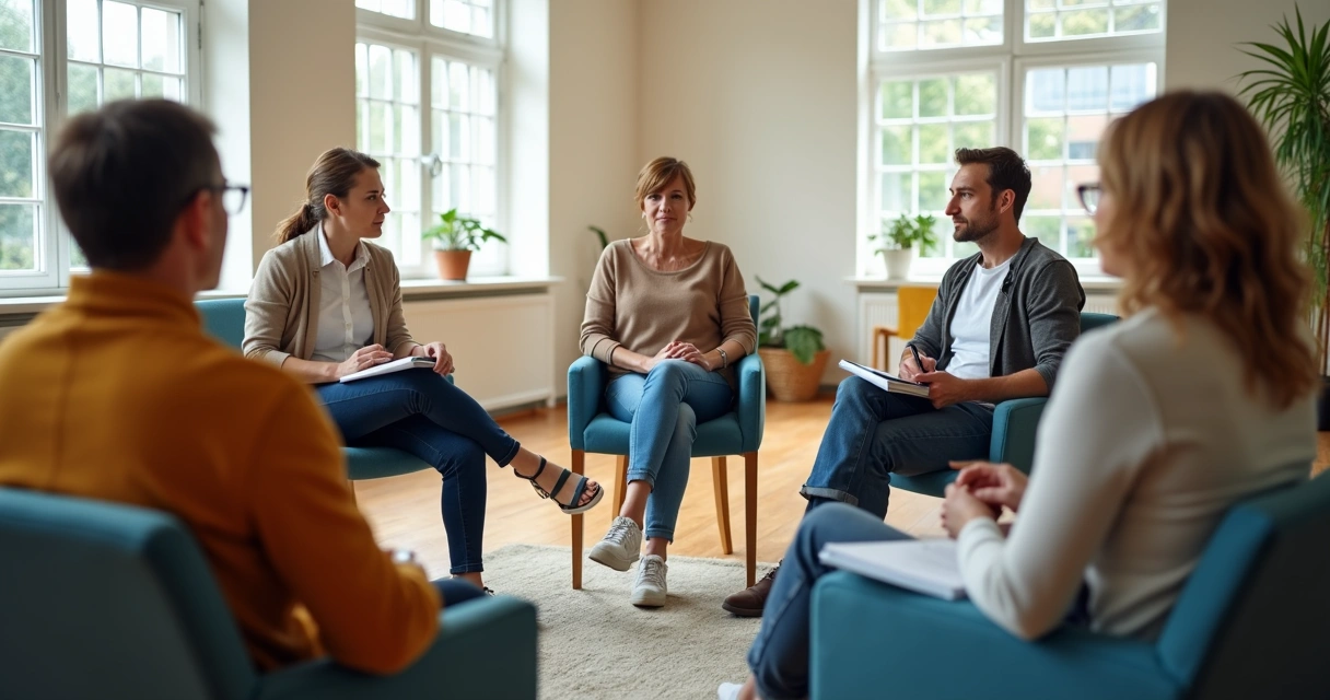 Grupo em roda conversando com atenção 