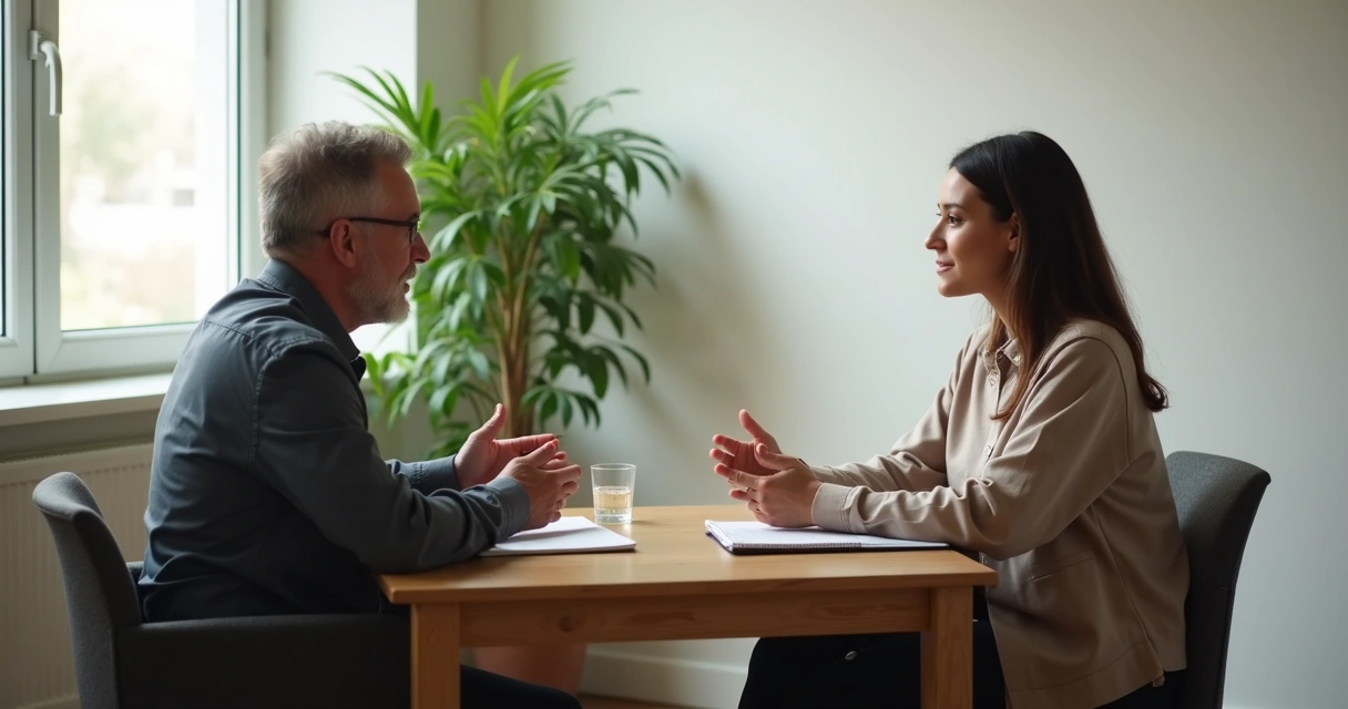 Duas pessoas em conversa atenta em uma mesa 