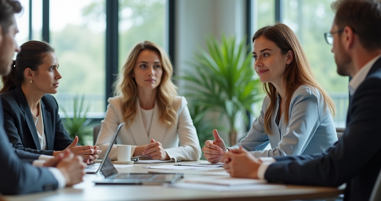 Profissional escutando colega de equipe em reunião. 