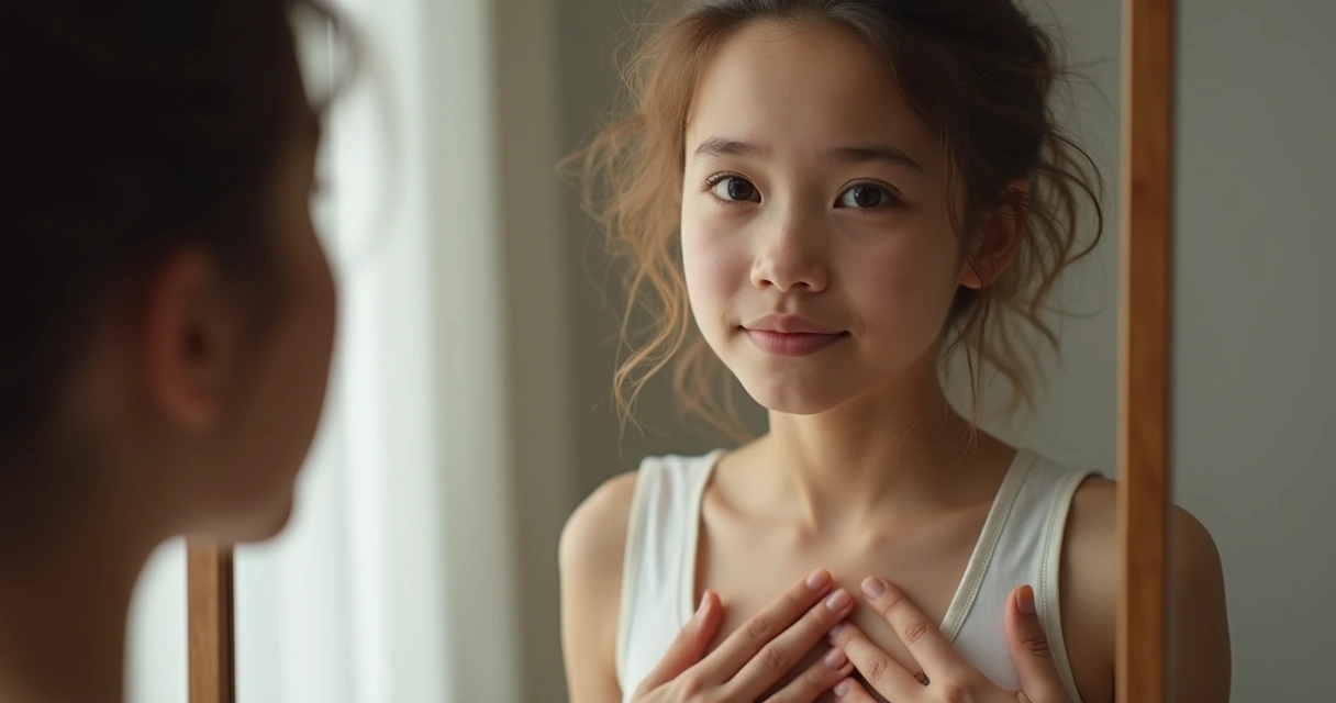 Jovem olhando para um espelho, expressão reflexiva, tocando o peito, mostrando conexão emocional 