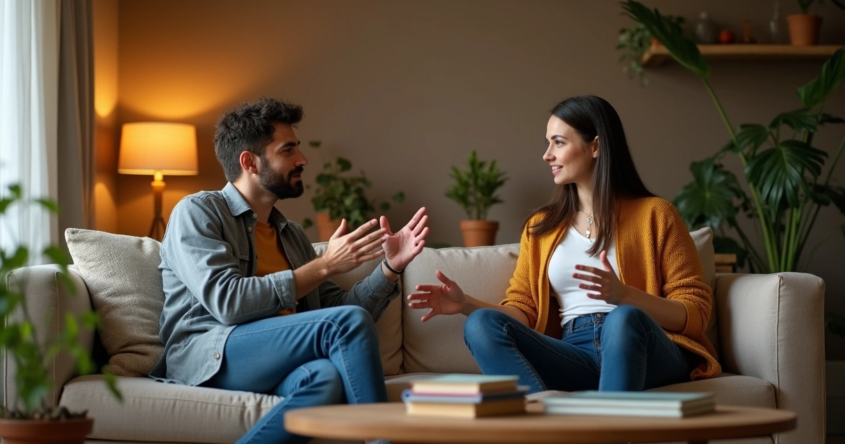 Duas pessoas conversando sentadas, uma ouvindo atentamente a outra, em ambiente aconchegante