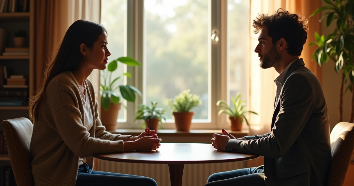 Duas pessoas sentadas frente a frente, ouvindo com atenção uma à outra