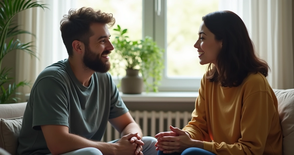 Duas pessoas sentadas frente a frente, ouvindo uma à outra de forma atenta e respeitosa. 