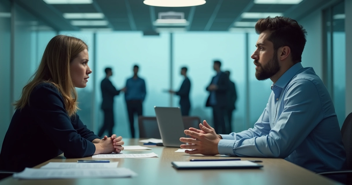Duas pessoas conversando com calma em ambiente de trabalho tenso 