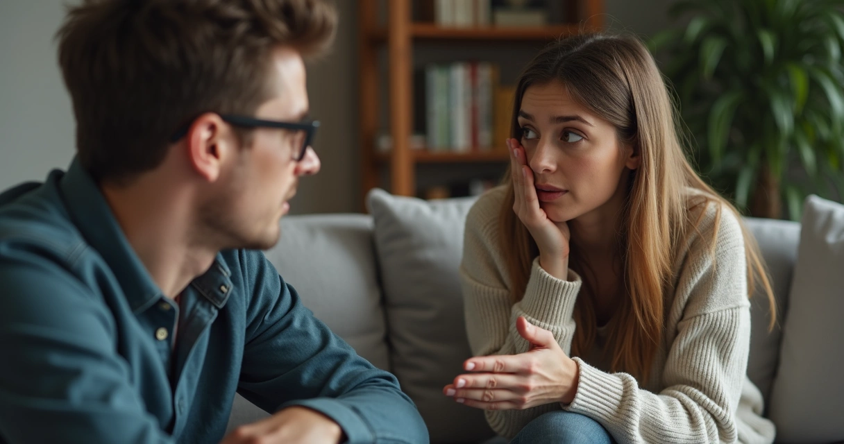 Pessoa ouvindo atentamente outra com expressão preocupada 