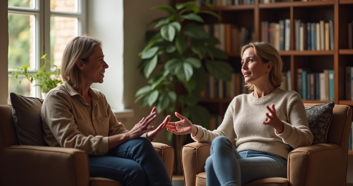 Duas pessoas conversando sentadas em cadeiras, praticando escuta empática 