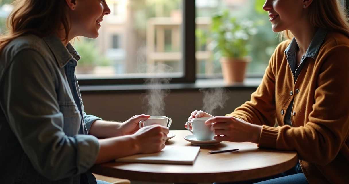 Duas pessoas conversando em mesa de café com atenção e escuta presente 