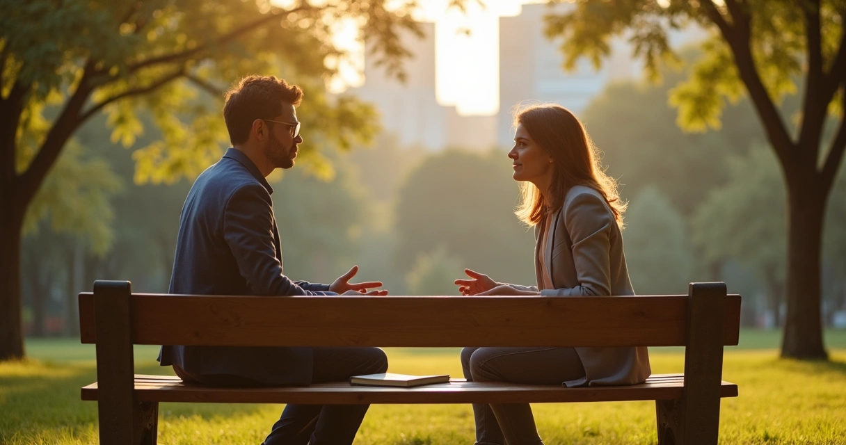 Duas pessoas conversam com atenção em um jardim urbano ao entardecer 