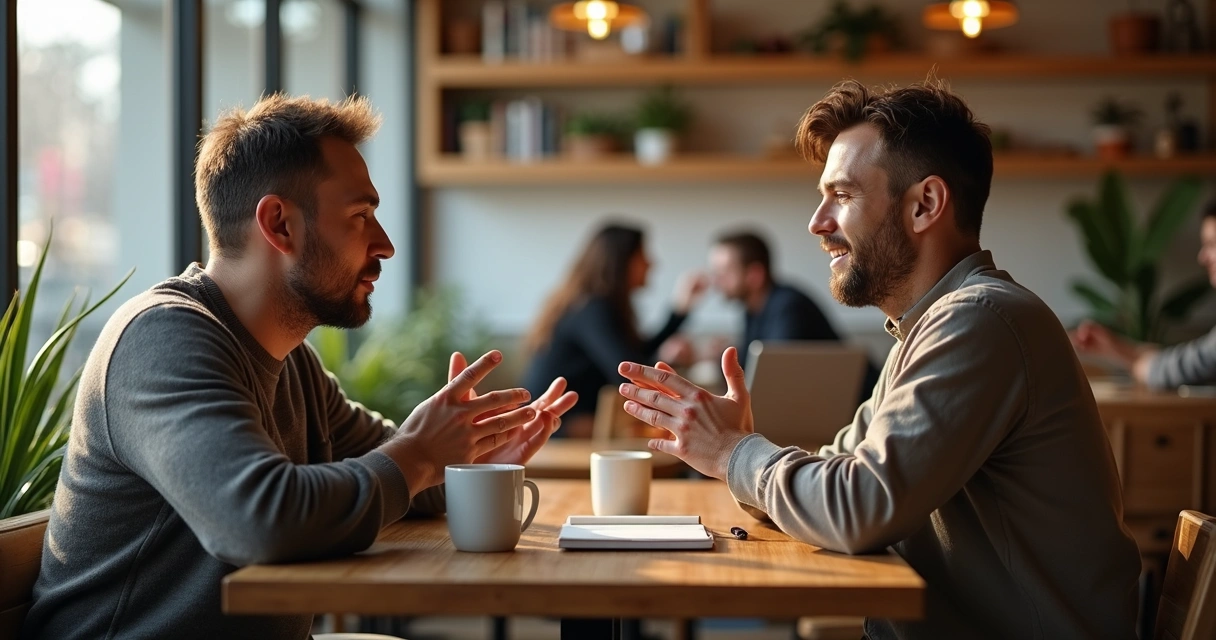 Duas pessoas conversando frente a frente em um café, demonstrando escuta empática e conexão genuína 