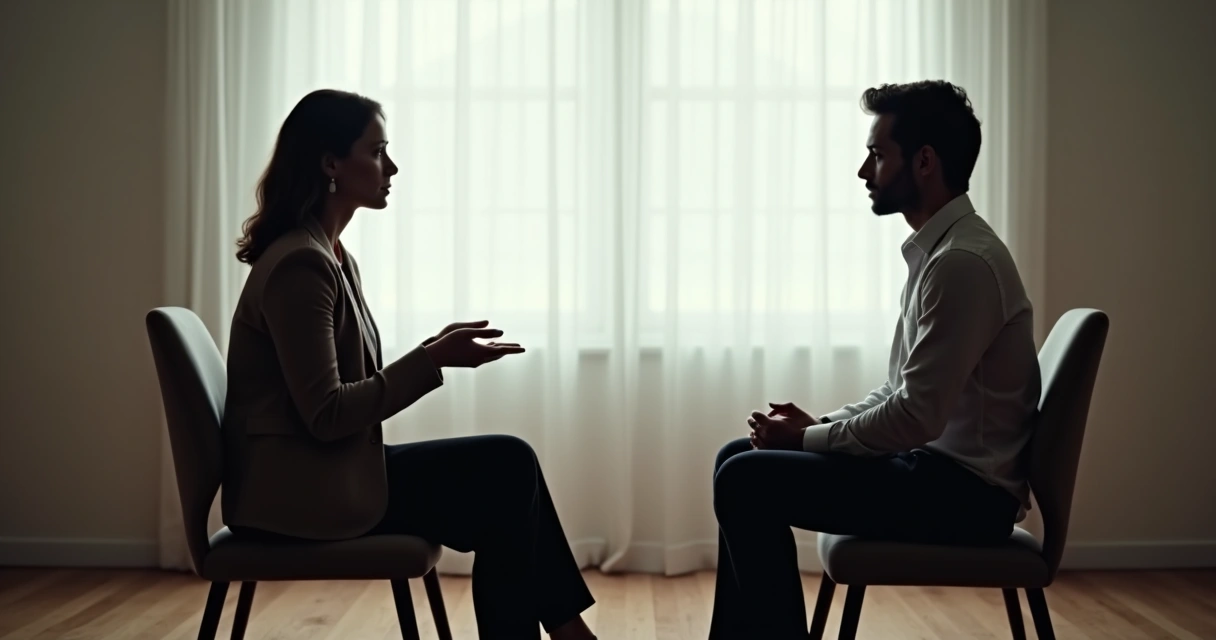 Duas pessoas conversam sentadas de frente, uma escutando atentamente a outra 