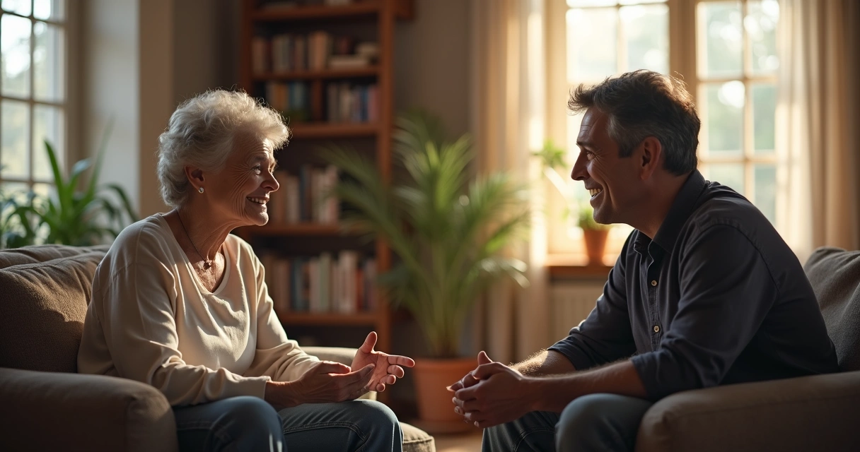Dois adultos conversando em tom respeitoso em uma sala familiar 