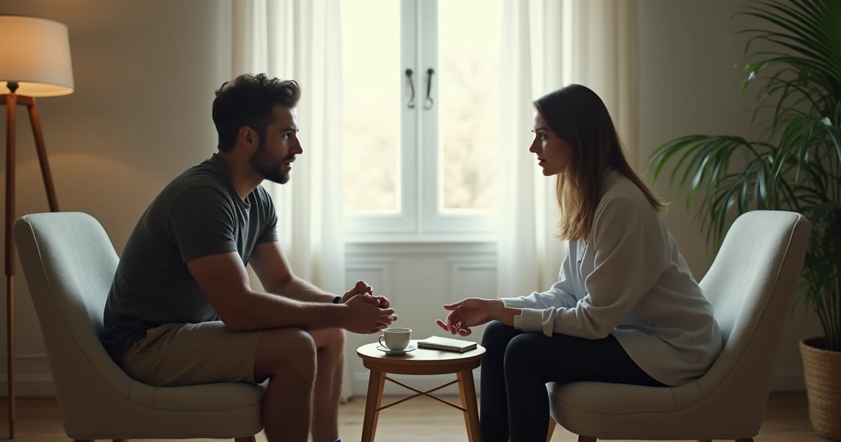 Duas pessoas sentadas conversando de maneira empática em um ambiente tranquilo