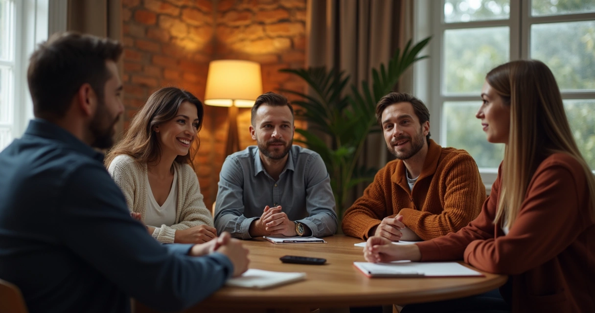 Equipe com cinco pessoas, sentadas em círculo, ouvindo com atenção um colega, ambiente acolhedor e iluminação suave. 