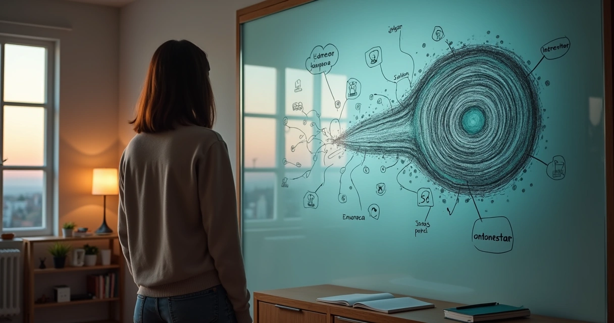 Pessoa em pé diante de mural com ondas sonoras e labirinto mental 