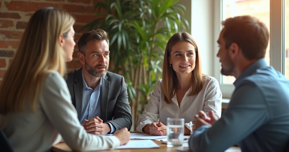 Líder escutando com atenção em uma mesa de reunião 
