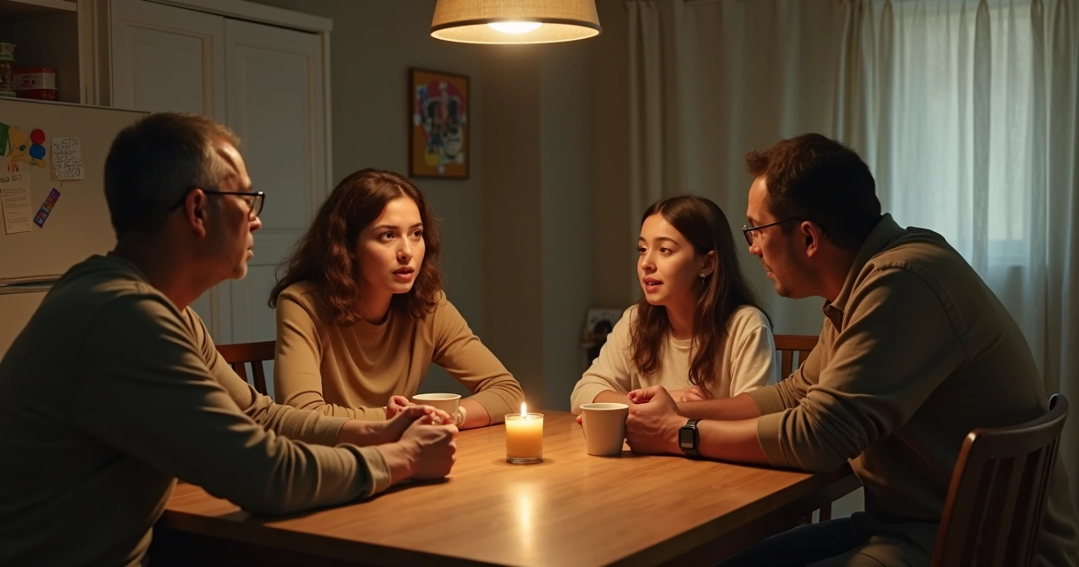 Dois familiares conversam com calma à mesa de jantar enquanto terceira pessoa escuta em silêncio atento 