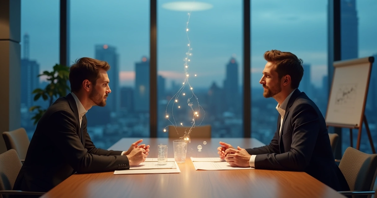 Duas pessoas em negociação complexa conectadas por linha luminosa entre ouvidos e mesa 