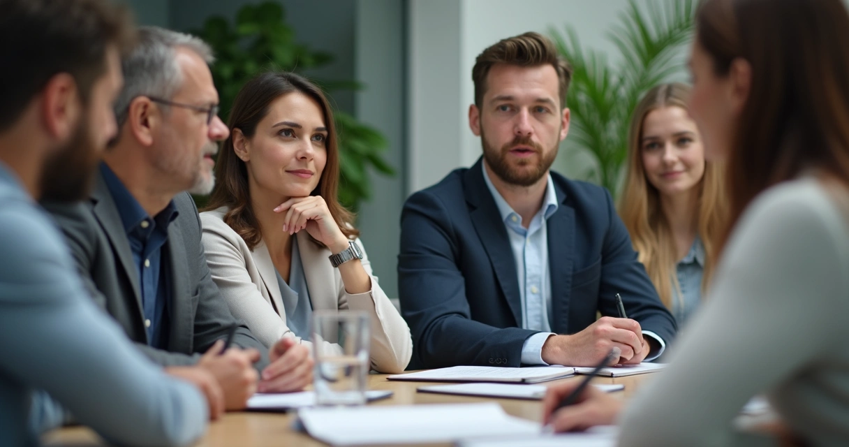 Grupo ouvindo atentamente em reunião de trabalho 