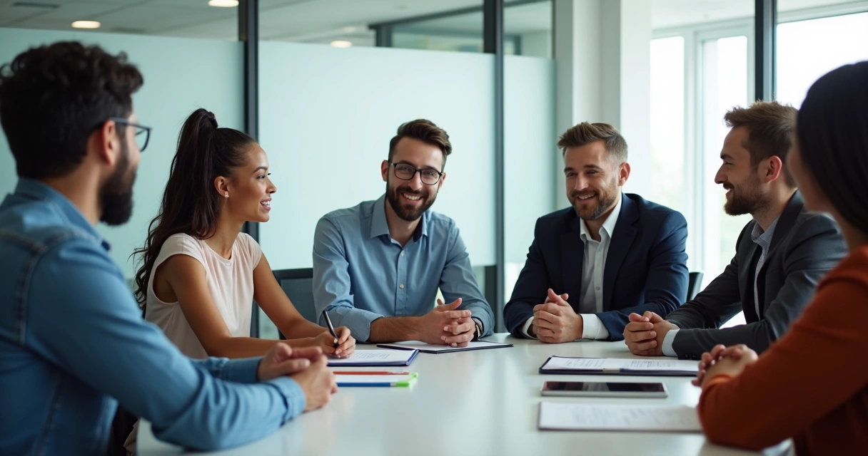 Equipe multicultural em reunião, todos atentos a colega falando