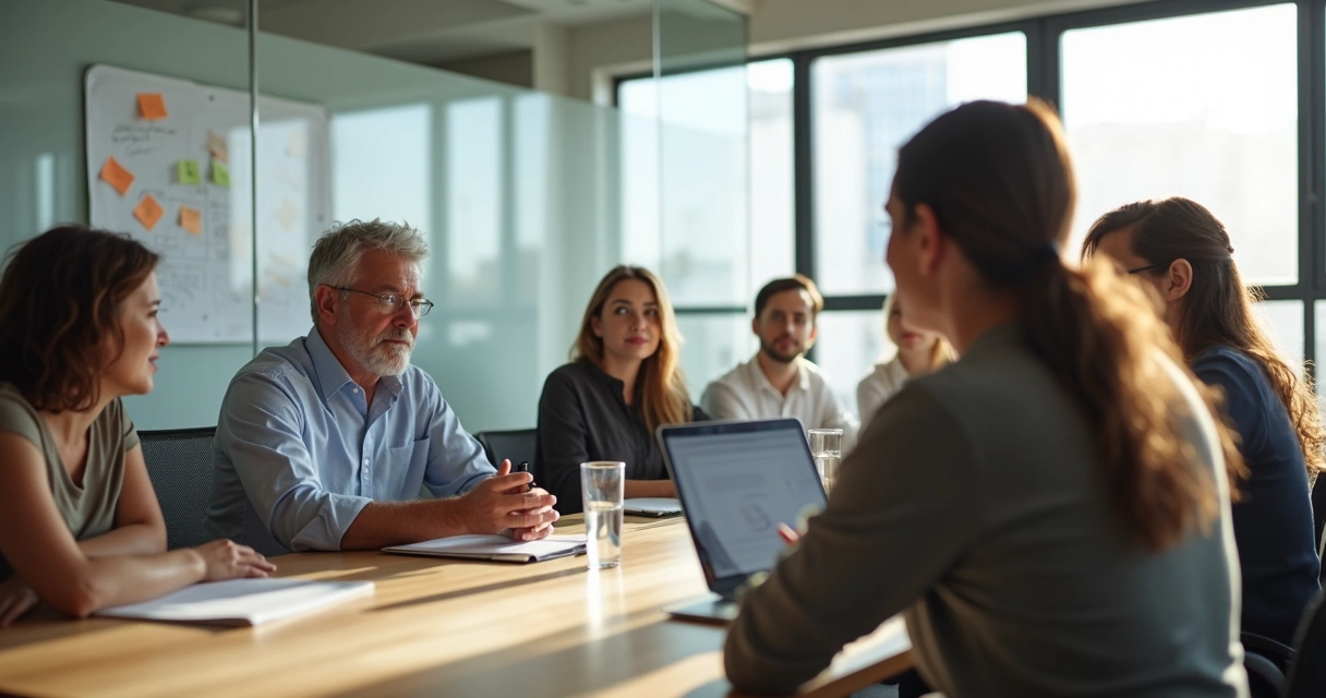 Líder ouvindo com atenção um colega em reunião de equipe em escritório moderno 