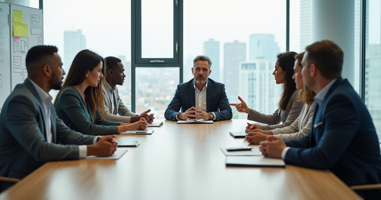 Líder ouvindo com atenção colega em reunião de equipe em sala de reunião moderna 