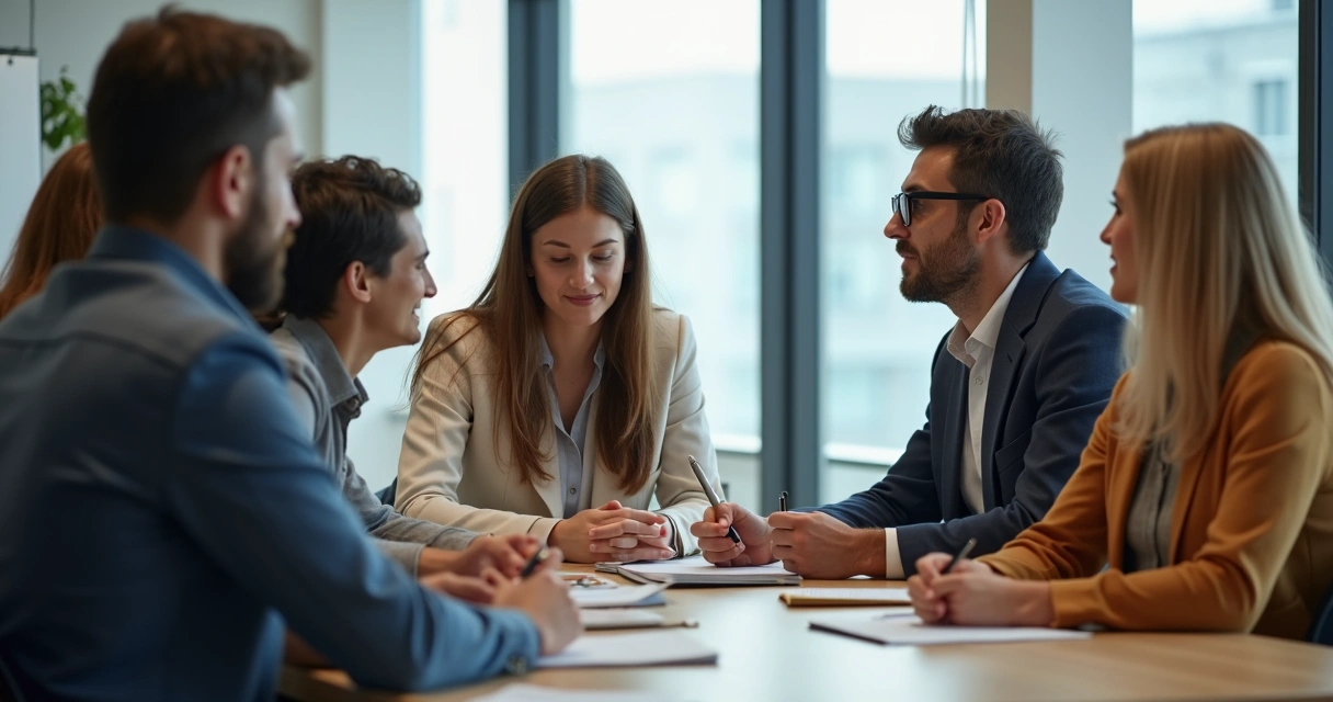 Equipe reunida em uma mesa, duas pessoas conversam olhando nos olhos, ambiente de respeito 