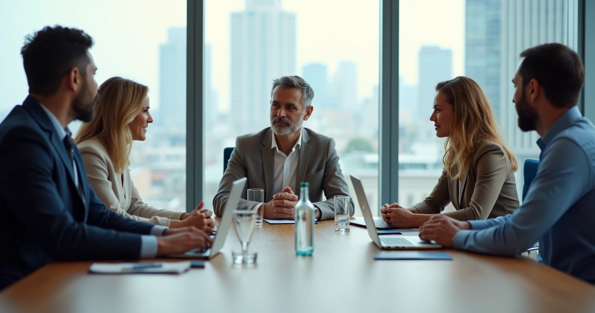 Profissionais em reunião praticando escuta empática ao redor de uma mesa 