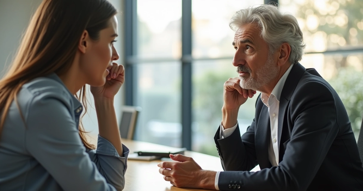Duas pessoas em uma reunião, uma demonstrando empatia ao escutar a outra com atenção 