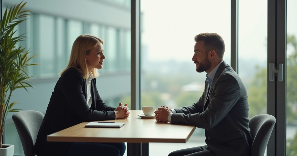 Duas pessoas conversando em ambiente profissional com atenção e respeito 