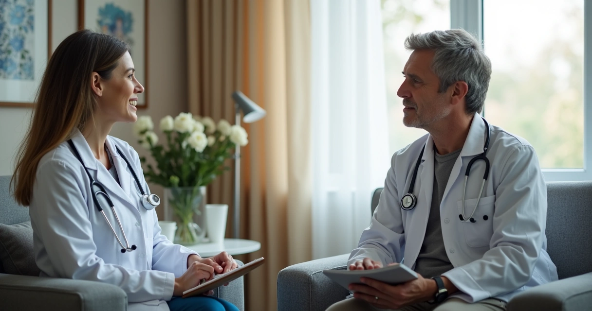Médica oncologista ouvindo paciente com atenção durante consulta 