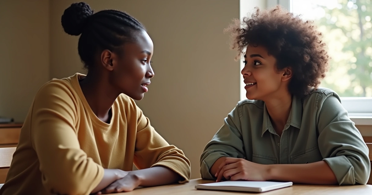 Duas pessoas em conversa respeitosa com escuta atenta 