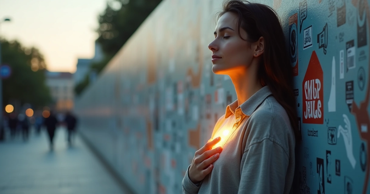 Pessoa encostada em mural social ouvindo símbolo luminoso de coração no peito 