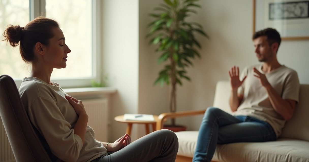 Pessoa sentada em posição meditativa com mão no peito refletindo diante de outra pessoa em diálogo calmo 