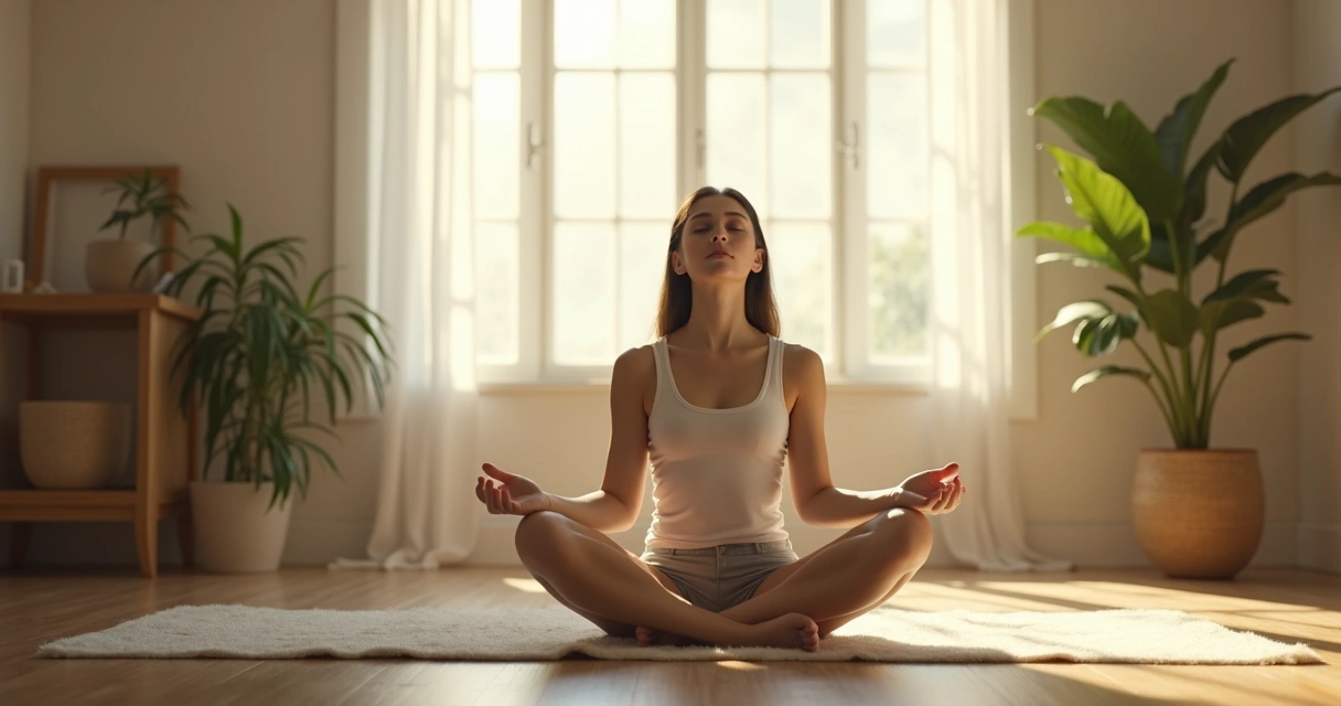 Pessoa sentada de olhos fechados meditando em ambiente claro e tranquilo