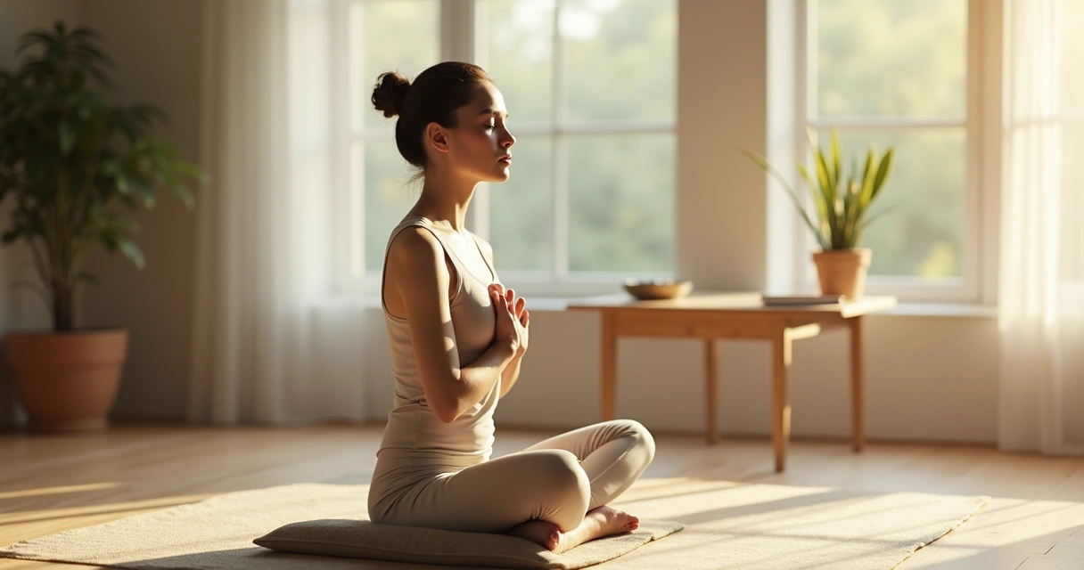 Pessoa em meditação em sala silenciosa com luz suave entrando pela janela 