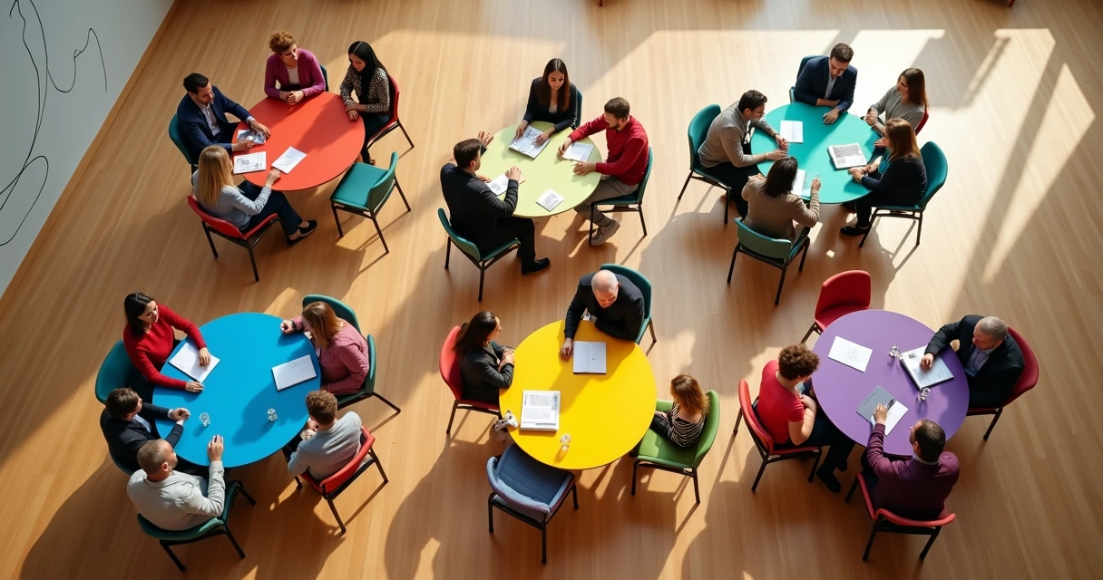 Grupo diverso em mesas coloridas conectadas formando ouvido visto de cima 