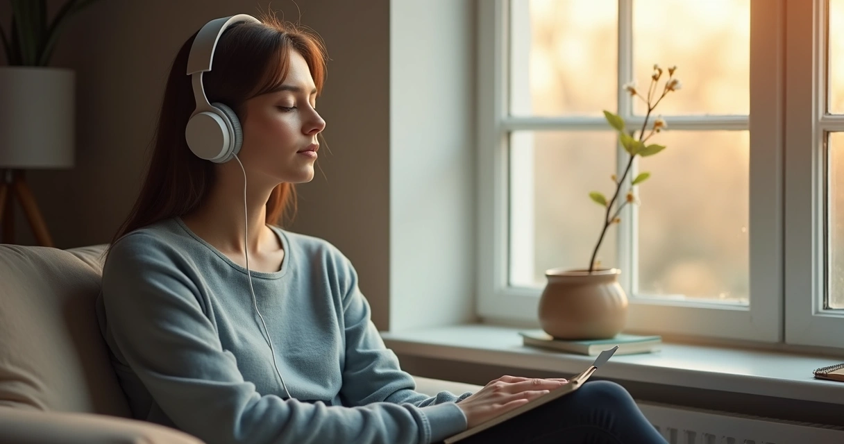 Pessoa com fones ouvindo música em ambiente calmo 