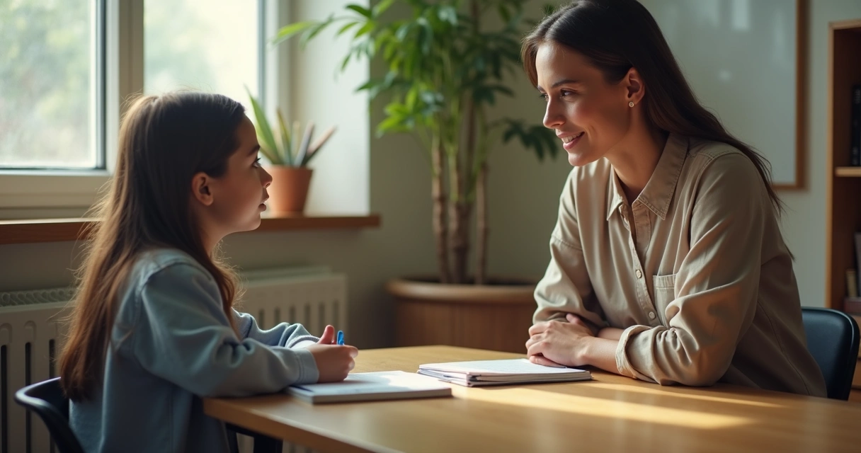Educadora conversando com estudante em espaço acolhedor da escola