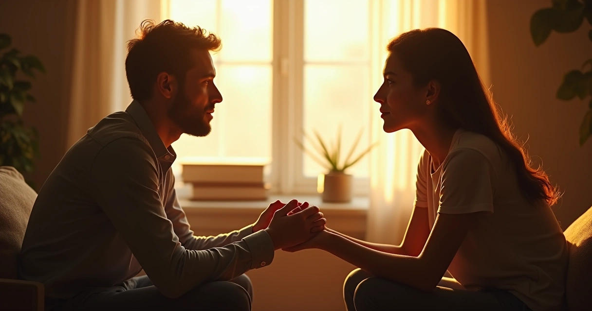 Duas pessoas sentadas de frente, ouvindo com atenção, em ambiente acolhedor e iluminado 