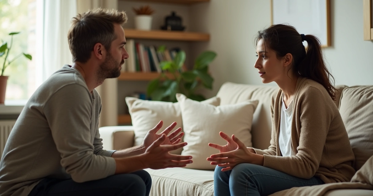 Duas pessoas conversando com atenção em sala aconchegante 