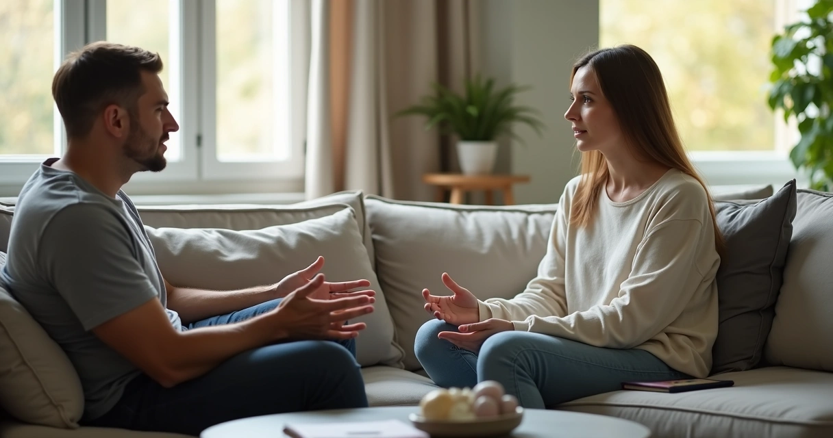 Duas pessoas conversando com atenção em um sofá em sala iluminada 