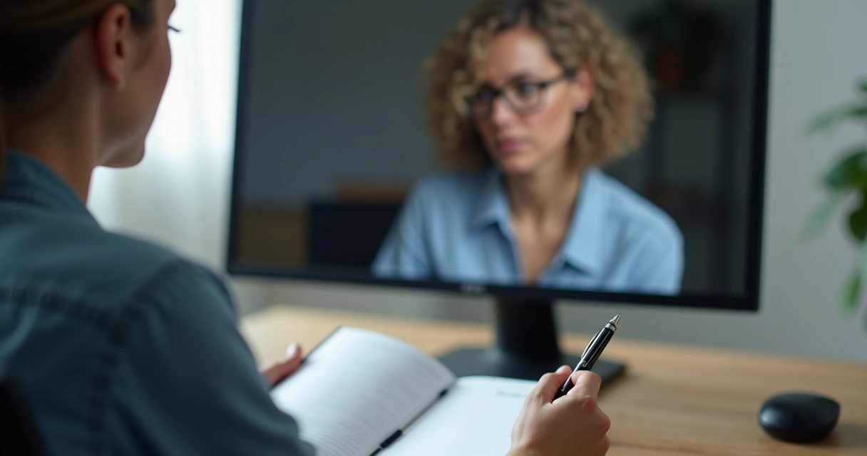 Psicanalista ouvindo atentamente detalhes em sessão online 