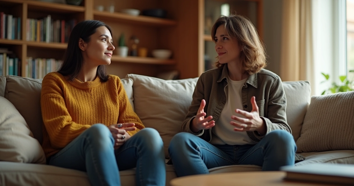 Duas pessoas sentadas em uma sala tranquila, uma ouvindo atentamente enquanto a outra fala 