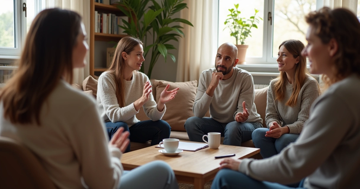 Grupo em roda de conversa praticando escuta atenta em ambiente acolhedor 